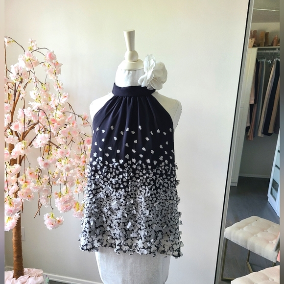 New York & Company Tops - 7th Avenue Design Studio 3D Halter Top, black and white clover flowers